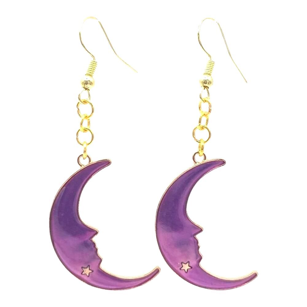 Purple Crescent Moon Face Earrings Fashion Jewelry Dangle Celestial Lunar Star